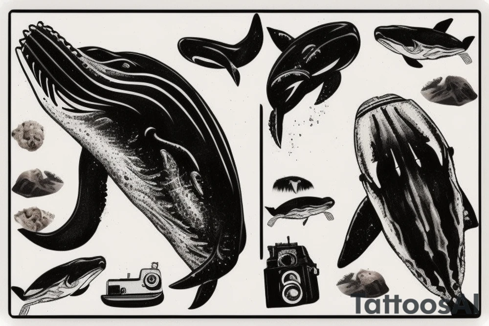 Humpback whale jumping through a Polaroid picture tattoo idea