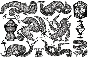 A calm Greek Hydra is holding a cocktail glass with its tail tattoo idea