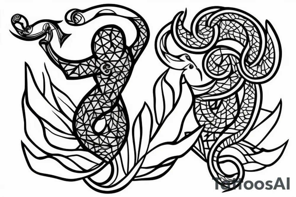 A calm Greek Hydra is holding a cocktail glass with its tail tattoo idea