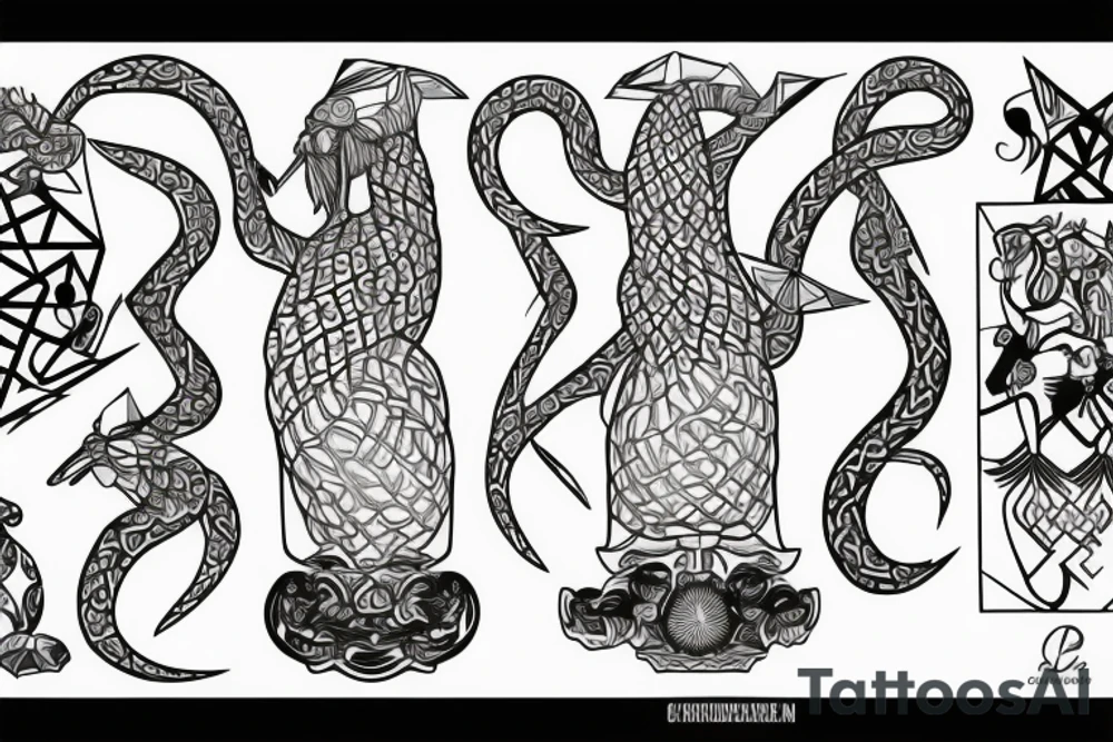 A calm Greek Hydra is holding a cocktail glass with its tail tattoo idea