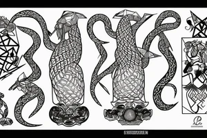 A calm Greek Hydra is holding a cocktail glass with its tail tattoo idea