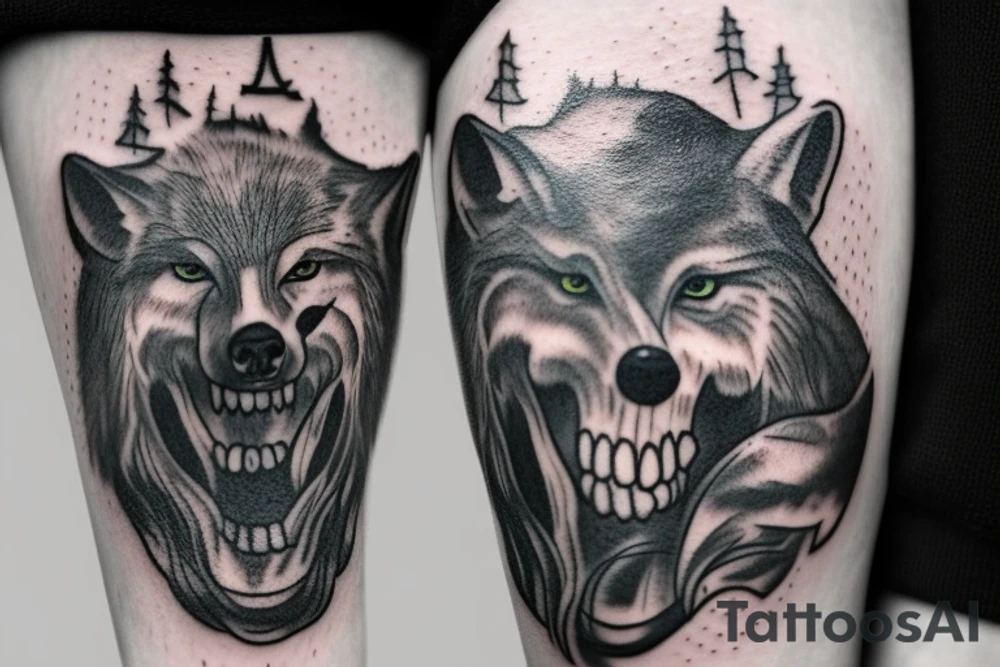 forrest with fog a wolf and a skull tattoo idea