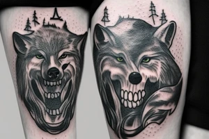 forrest with fog a wolf and a skull tattoo idea