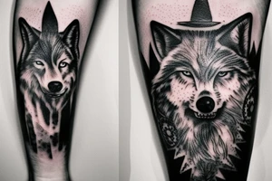 forrest with fog a wolf and a skull tattoo idea