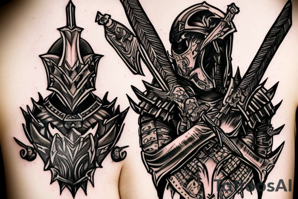 Warrior with a sword on his back and spiked armor at shoulders tattoo idea