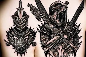 Warrior with a sword on his back and spiked armor at shoulders tattoo idea