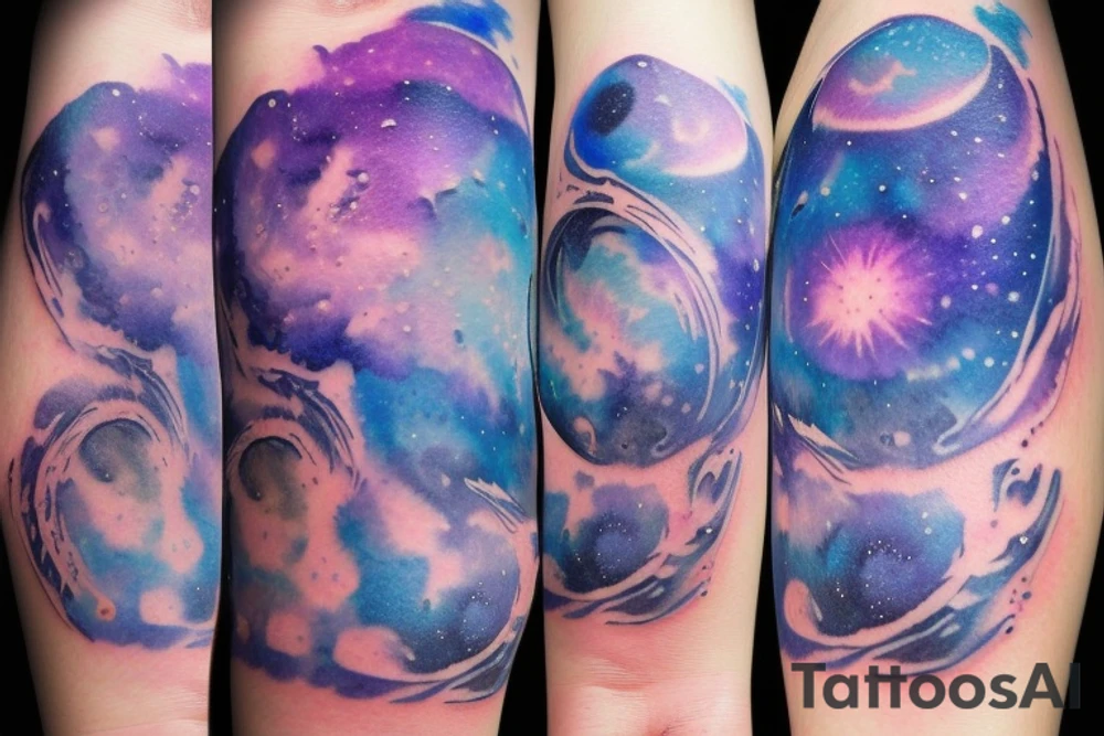 A blue violet galaxy with planets tattoo idea