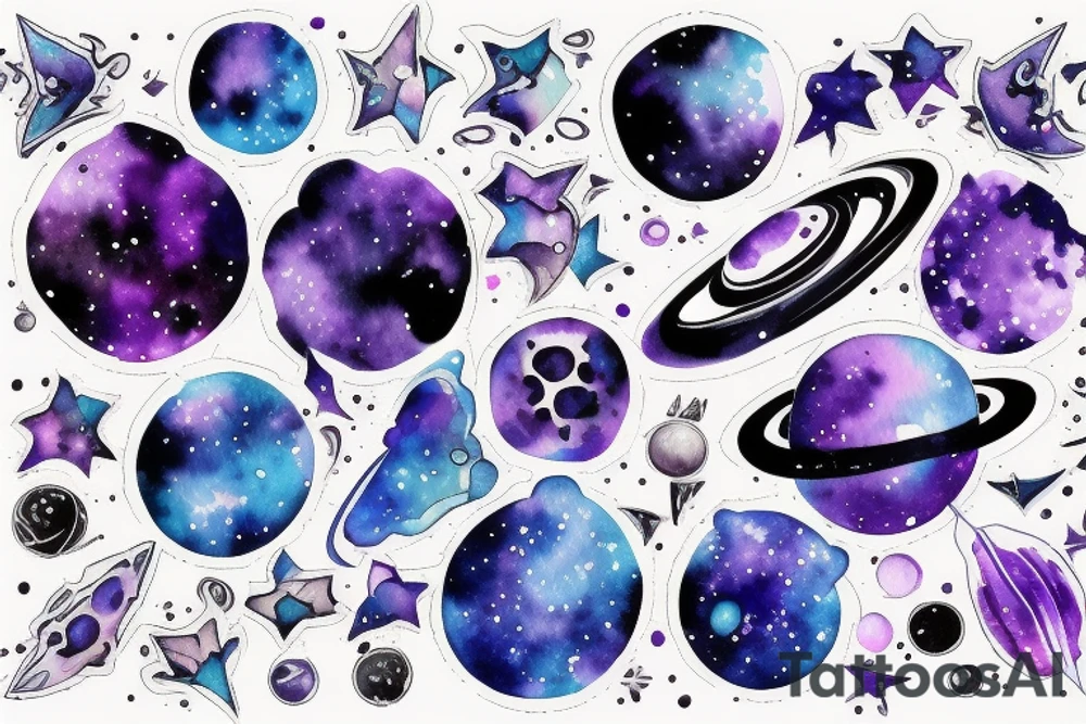 A blue violet galaxy with planets tattoo idea