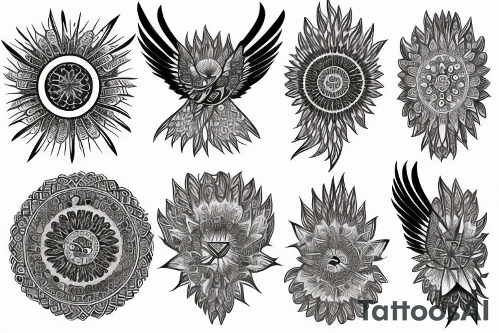 schematic phoenix with mandalas on its feathers tattoo idea