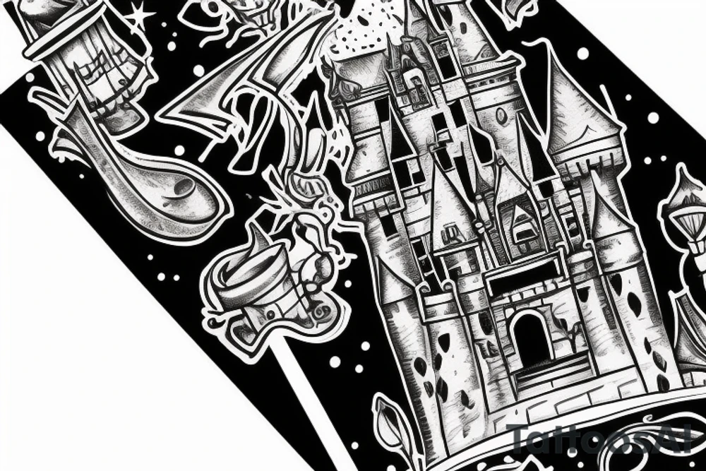 a mandella with a disney castle in the shadowparts tattoo idea