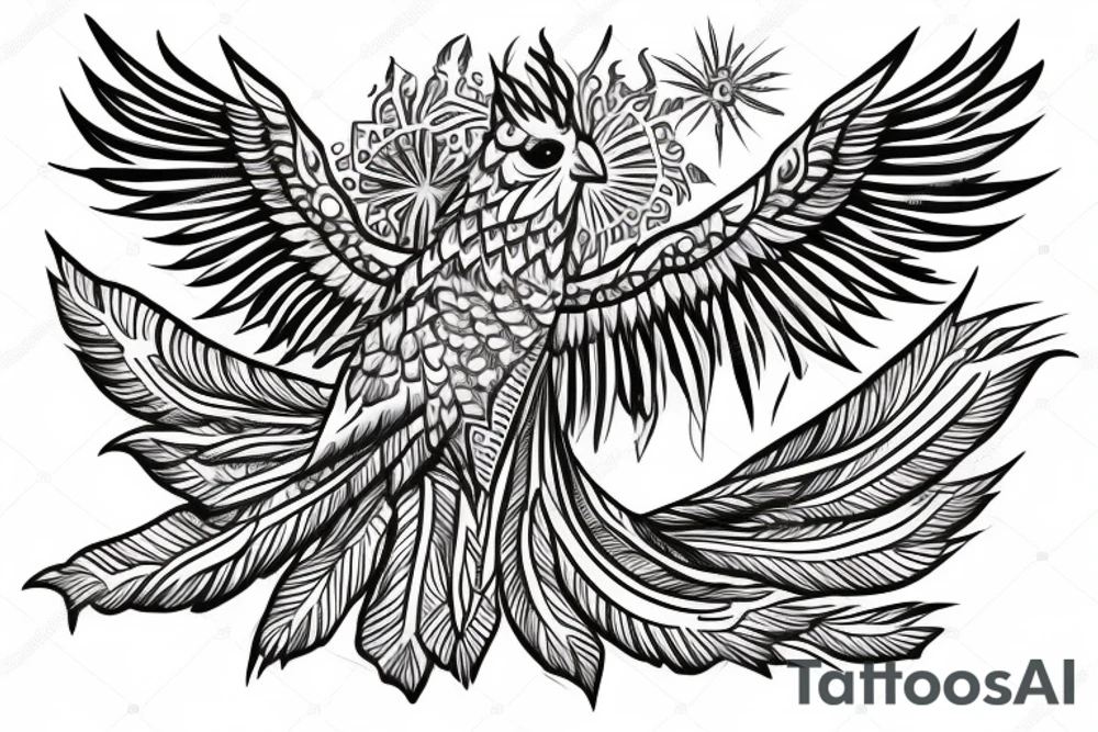 schematic phoenix with mandalas on its feathers tattoo idea