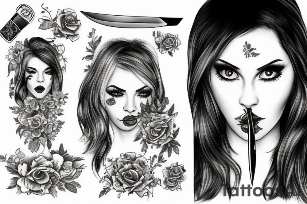 The girl is licking a knife tattoo idea