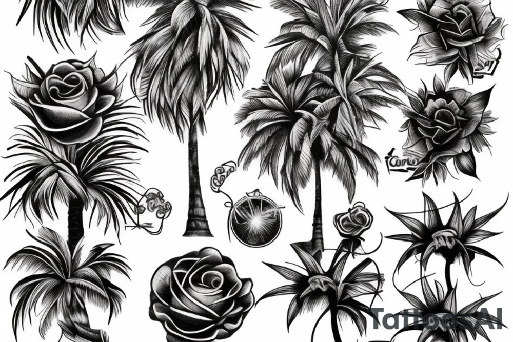 Palm tree, flaming rose, cross tattoo idea