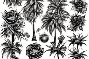 Palm tree, flaming rose, cross tattoo idea