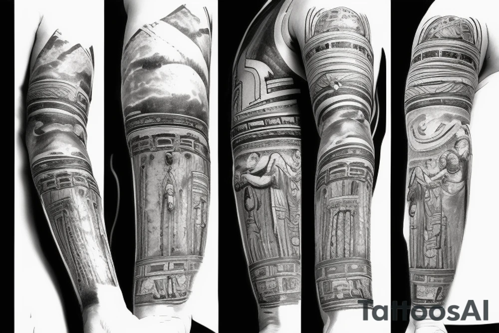 Ancient temple astronaut tattoo idea