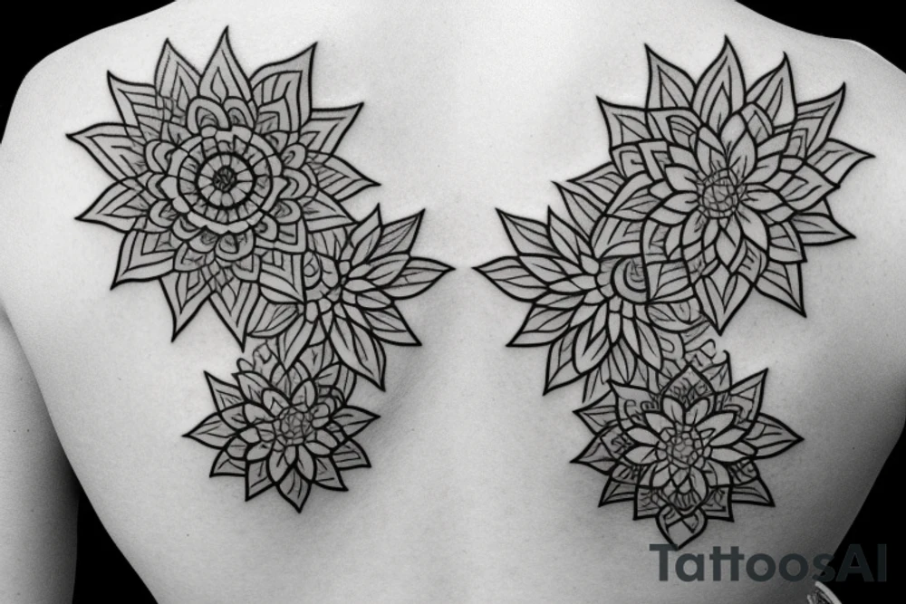 Dark cover up tattoo for female back containing flowers and geometry. tattoo idea