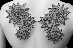 Dark cover up tattoo for female back containing flowers and geometry. tattoo idea