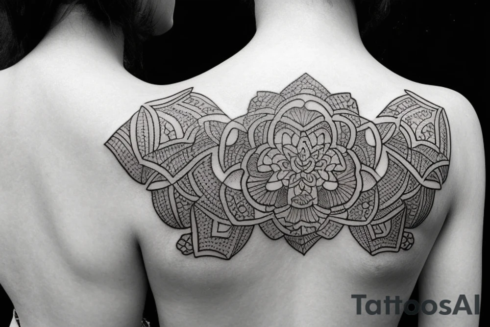 Dark cover up tattoo for female back containing flowers and geometry. tattoo idea