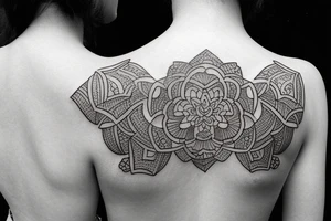 Dark cover up tattoo for female back containing flowers and geometry. tattoo idea