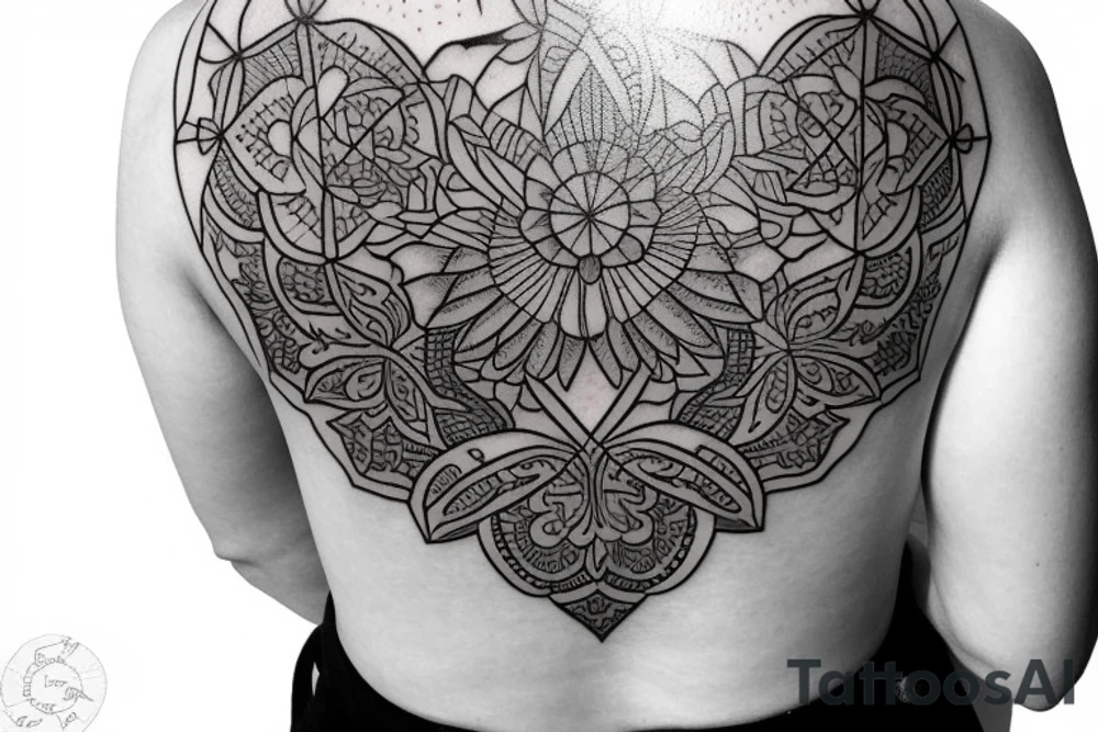 Dark cover up tattoo for female back containing flowers and geometry. tattoo idea