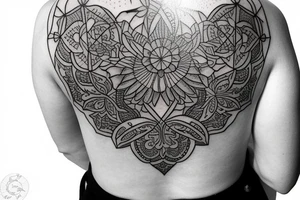 Dark cover up tattoo for female back containing flowers and geometry. tattoo idea