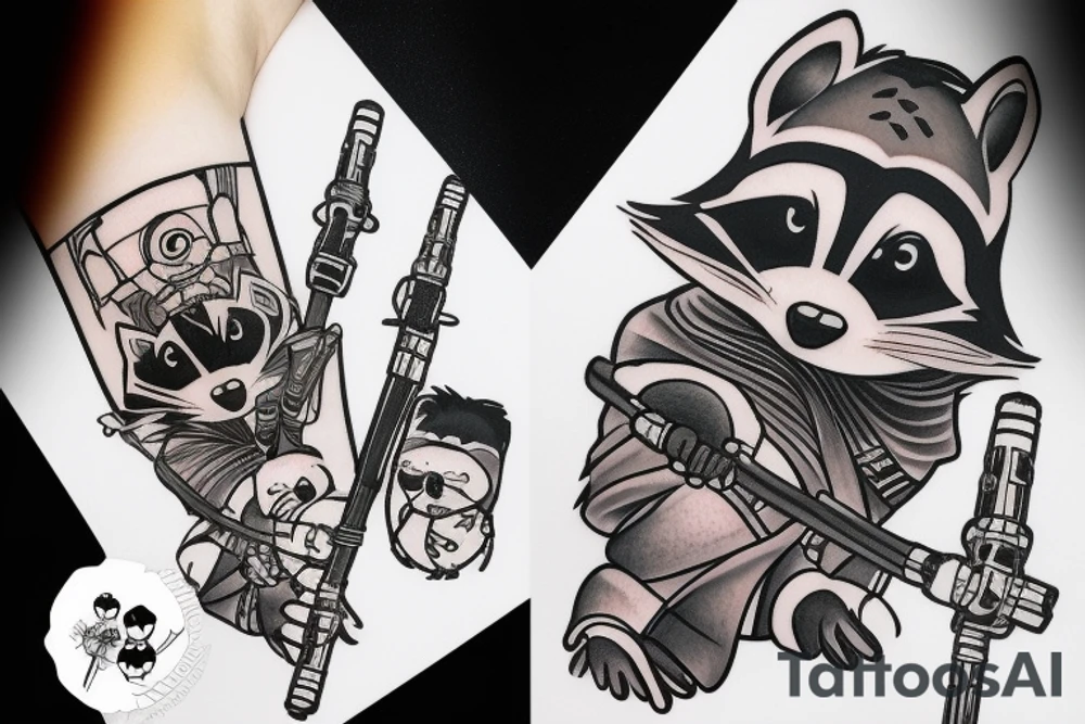 Jedi raccoon with lightsabers tattoo idea