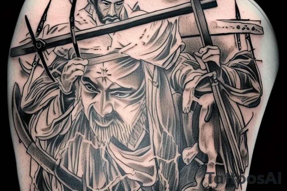 Japanese samurai warrior with benevolent crucified jesus face and crown of thorns. A sword in one hand looks like a crucifix and a bible in the other with the 23rd psalm written therein. tattoo idea