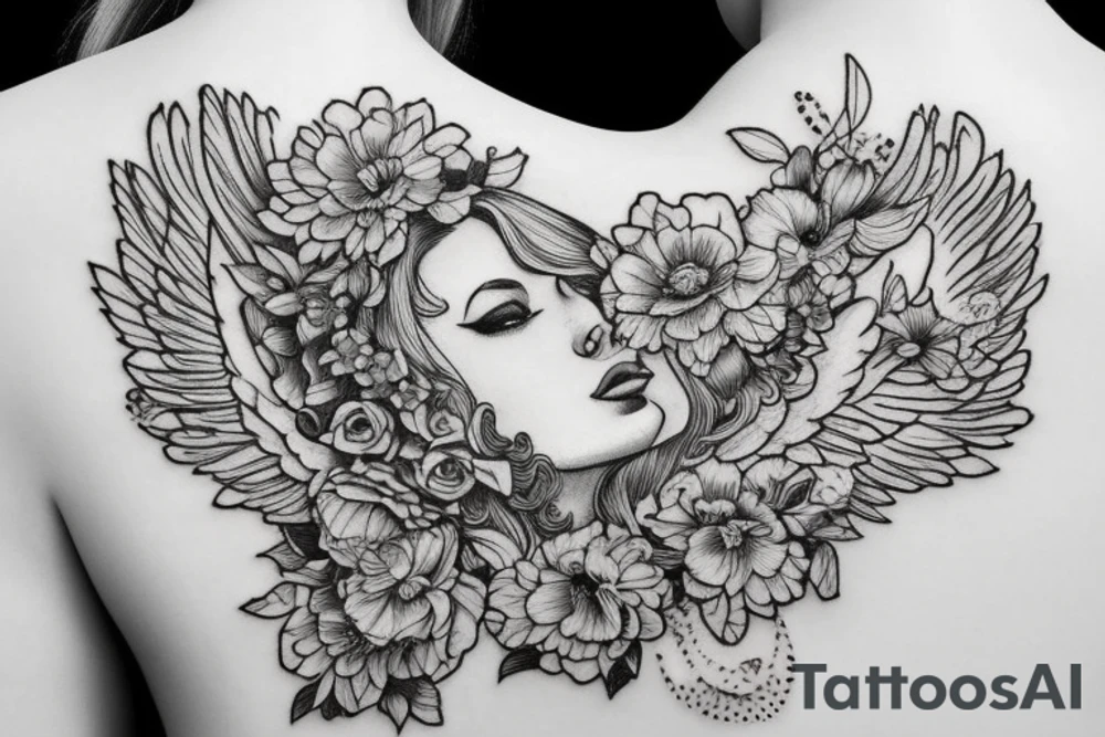 Angel girl with crown of flowers full body baroque tattoo idea