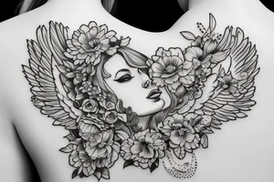 Angel girl with crown of flowers full body baroque tattoo idea