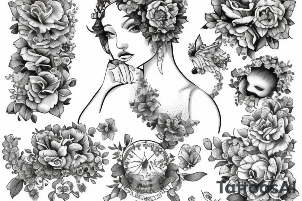 Angel girl with crown of flowers full body baroque tattoo idea