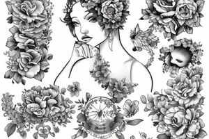 Angel girl with crown of flowers full body baroque tattoo idea