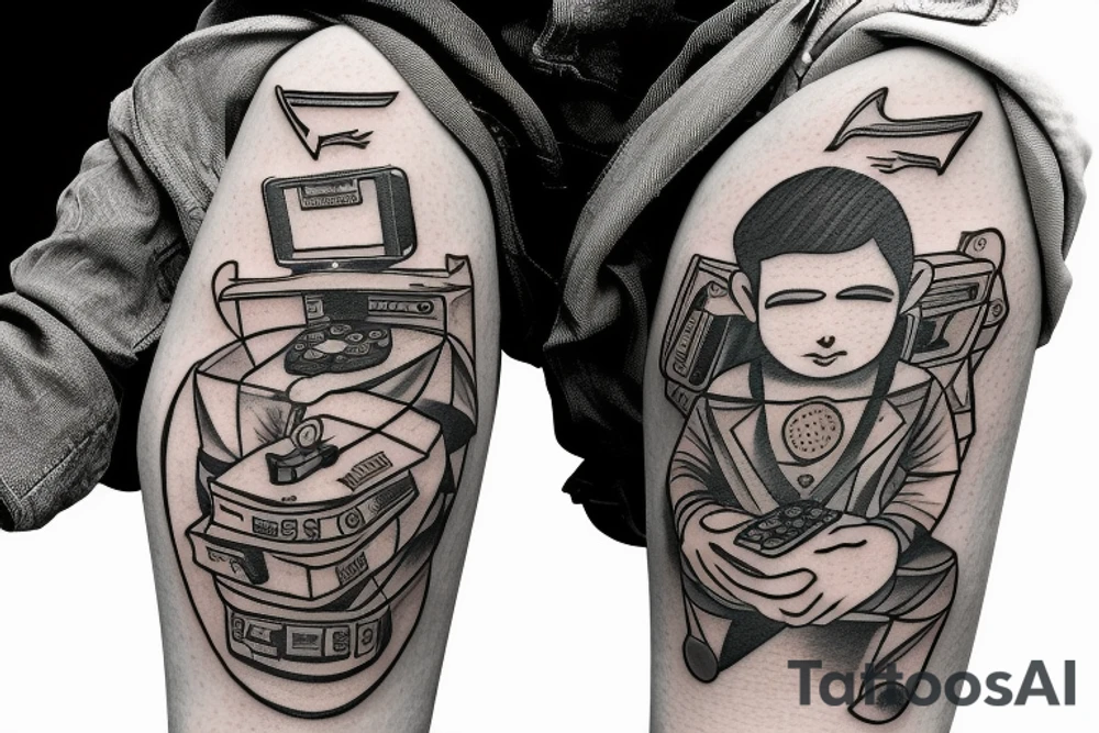 astronaut sitting on couch while holding a game controller tattoo idea