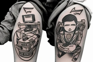 astronaut sitting on couch while holding a game controller tattoo idea