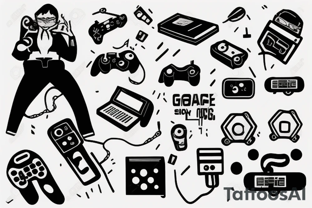 astronaut sitting on couch while holding a game controller tattoo idea