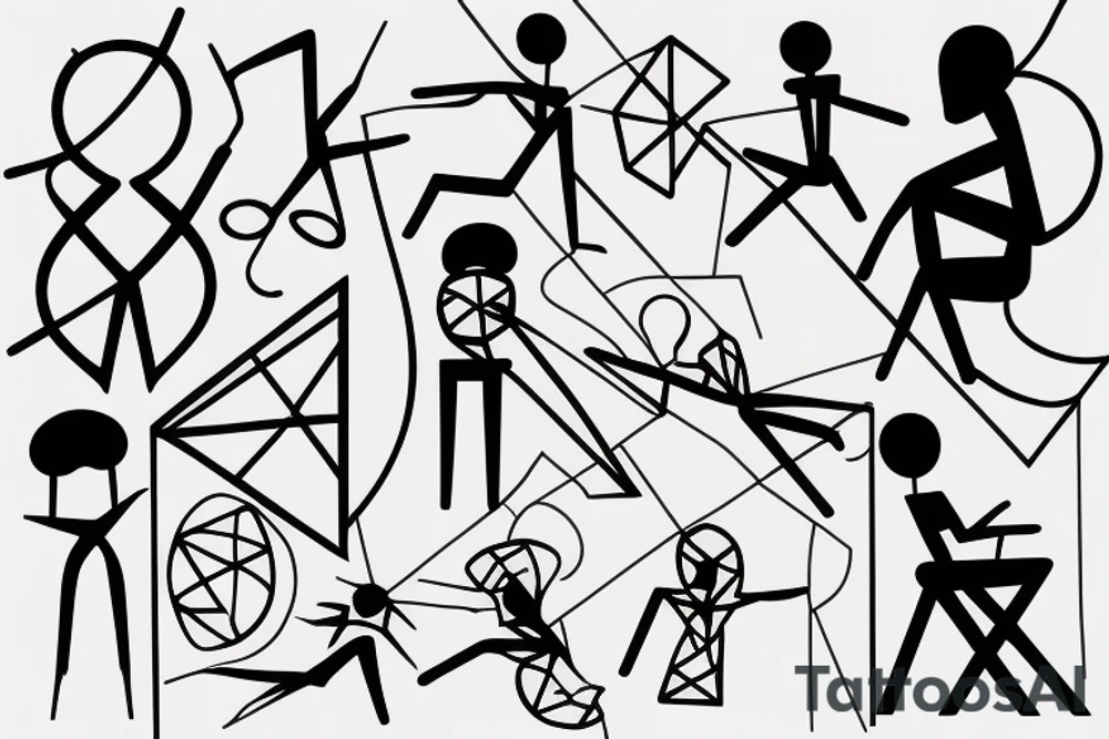 A thin line with a stickman sitting on it with his feet daning tattoo idea