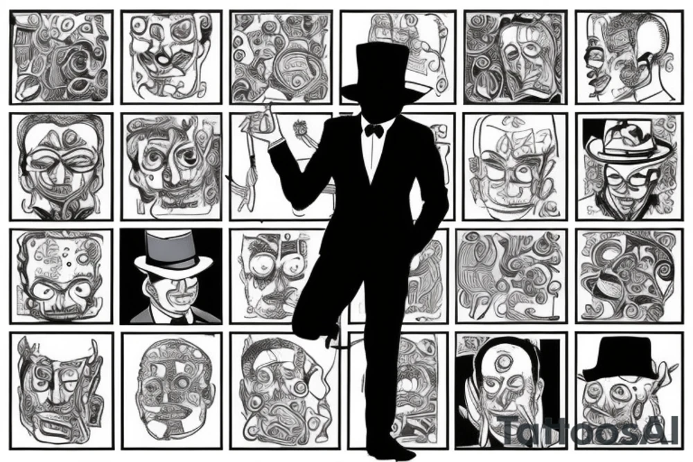Man in suit and hat with face hidden. He should be half drawn, with the bottom half of the man purposely unfinished, as 8f it were still in the planning stages tattoo idea