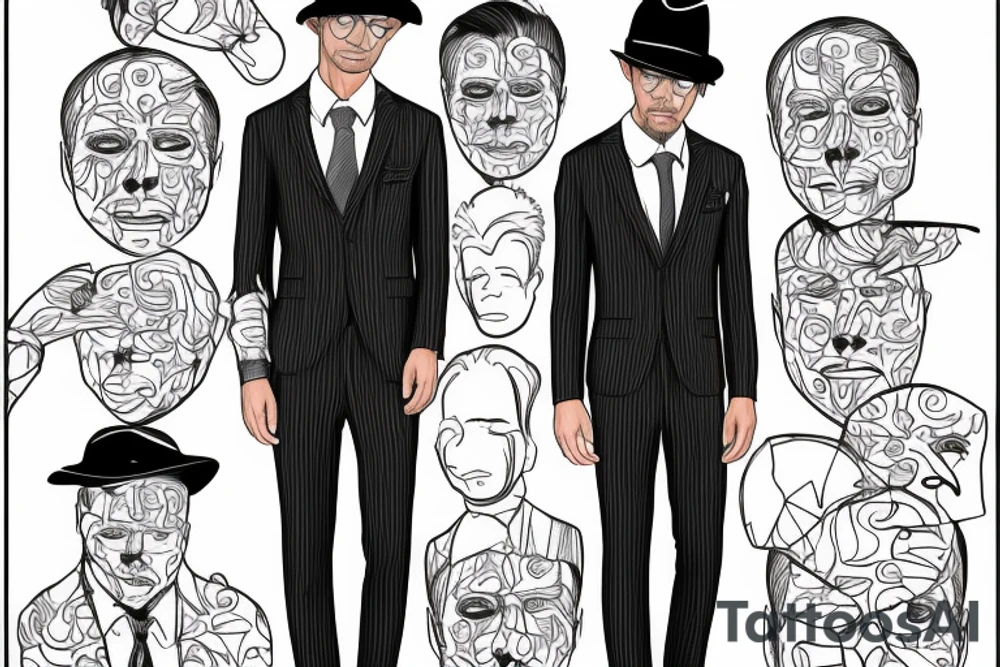 Just a man in suit and hat with face hidden. He should be half drawn, with the bottom half of the man purposely unfinished, as 8f it were still in the planning stages. No background tattoo idea