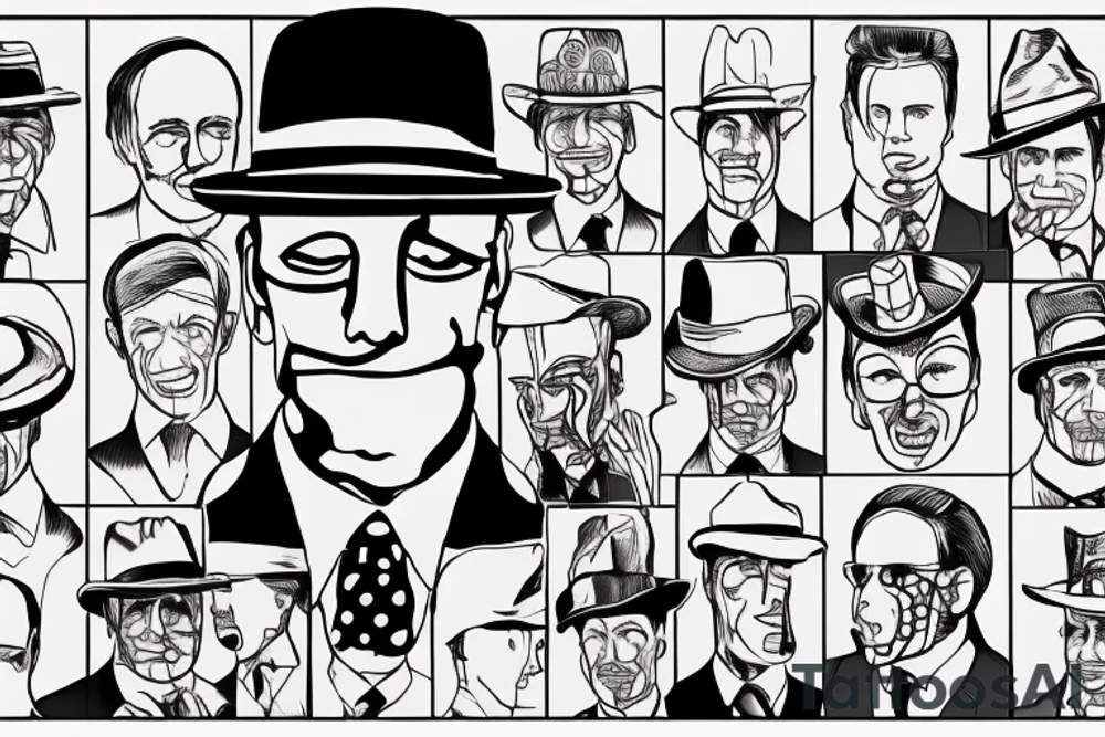 Just a man in suit and hat with face hidden. He should be half drawn, with the bottom half of the man purposely unfinished, as 8f it were still in the planning stages. No background tattoo idea
