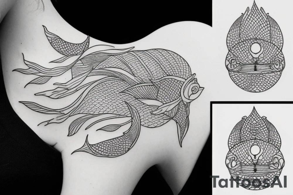 Combining the word "nepenthe" with delicate fish, thin lines tattoo idea