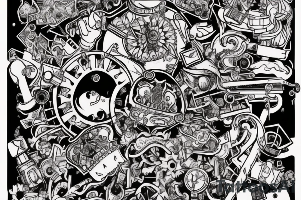design a tattoo for the chest/peck, a monkey surrounded by a pile of unique, iconic and famous objects, artifacts, tools and technology that mankind has made through out civilisation. Apear to be tinkering and playing looking very intrigued and facinited with what he has discovered. tattoo idea