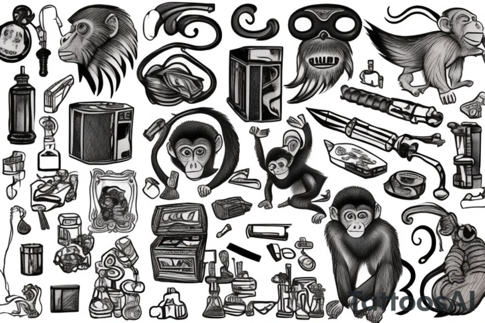 design a tattoo for the chest/peck, a monkey surrounded by a pile of unique, iconic and famous objects, artifacts, tools and technology that mankind has made through out civilisation. Apear to be tinkering and playing looking very intrigued and facinited with what he has discovered. tattoo idea