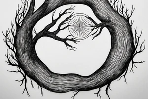 Roots through a hand turning into a tree in front of bright (moon) light. Lines emanating out to
Connect to a small circle tattoo idea