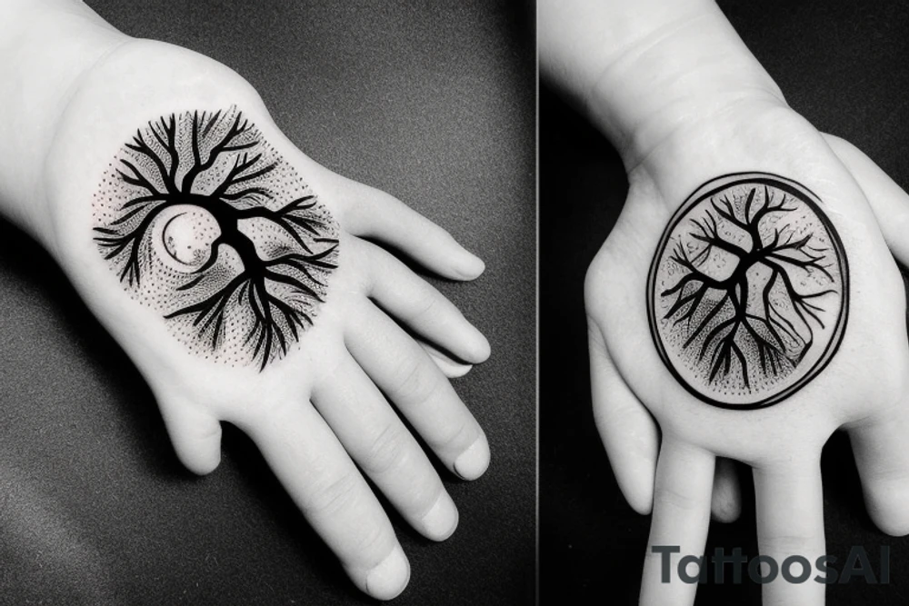 Roots through a hand turning into a tree in front of bright (moon) light. Lines emanating out to
Connect to a small circle tattoo idea