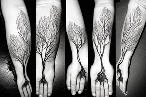 Fungi roots turning into a hand turning into a tree in front of bright (moon) light. Lines emanating out to
Connect to a small circle tattoo idea