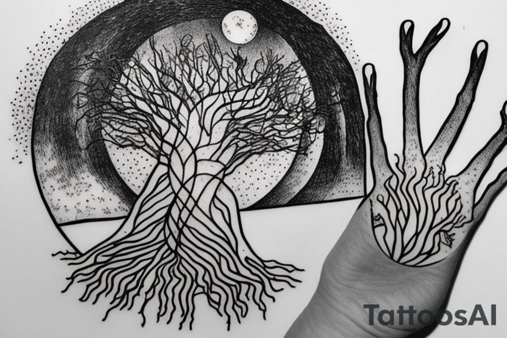 Fungi roots turning into a hand turning into a tree in front of bright (moon) light. Lines emanating out to
Connect to a small circle tattoo idea