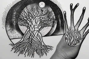 Fungi roots turning into a hand turning into a tree in front of bright (moon) light. Lines emanating out to
Connect to a small circle tattoo idea