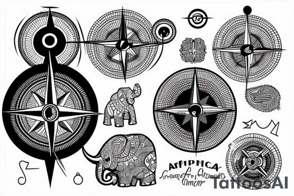 Compass with a african background with an elephant below tattoo idea