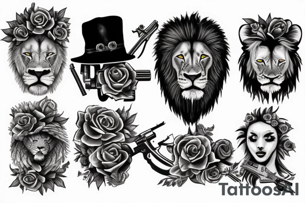 lion face with two guns and roses tattoo idea