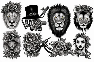 lion face with two guns and roses tattoo idea