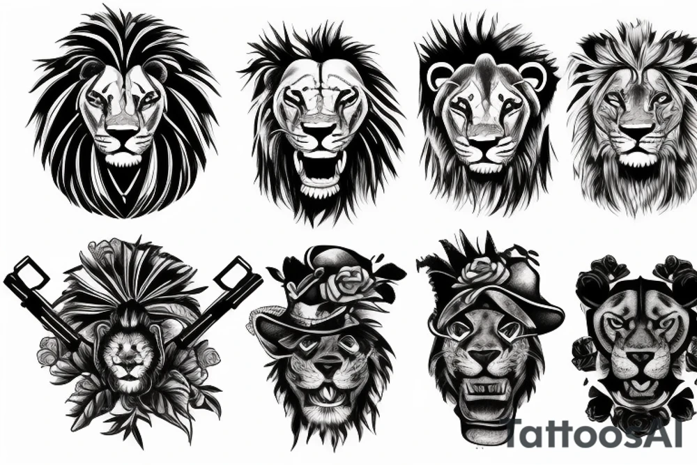 lion face with two guns and roses tattoo idea